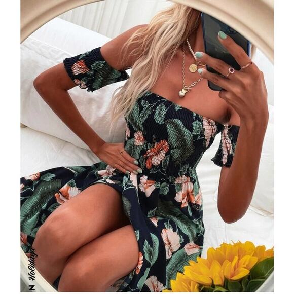 SHEIN vacation Tropical Print Bardot Wrap Maxi Dress Small - Picture 7 of 10